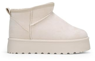 BOSANOVA Botines de Invierno para Mujer confeccionados en Ante con caña Baja de 9 cm, Detalle de Pelo Interior y Suela de Plataforma Dentada. Sin Cierre. Calzado para Mujer Beige 39