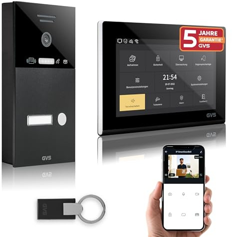 GVS - IP Video Türsprechanlage mit Türöffner, RFID Zugang, HD Kamera, 1x 7 Zoll Monitor & App - Smarte Video Türklingel mit Kamera & Gegensprechanlage für 1 Familienhaus (AVS4284A)