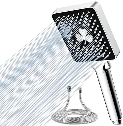 Magichome Alcachofa de Ducha con 1.5M Manguera, Cuadrado Cabezal Ducha Mano de Alta Presión con 6 Tipos de Chorro, Shower Head de Grande, Ducha de Lluvia con Ahorro de Agua, Cromado