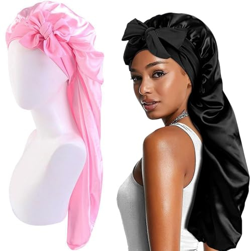 Yueser Bonnet Long en Satin, Bonnet Soyeux pour Femmes, 2 Pièces Chapeau en Soie Satiné, pour Les Femmes Taille de Tête Réglable, pour Cheveux Bouclés Naturels (Noir, Rose)
