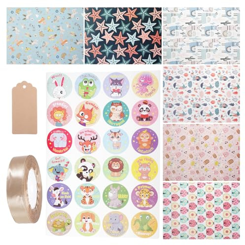 Presentpappersset, barn presentpapper födelsedag presentpapper barn färgglada presentpapper presentförpackning papper gåvor papper vintage set 6 ark naturligt födelsedagspapper med klistermärken