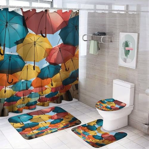 RTFNGLS Juego de cortinas de ducha de 4 piezas, paraguas de colores, con alfombras antideslizantes, tapa de inodoro y alfombrilla de baño, juego de decoración de baño, con 12 ganchos