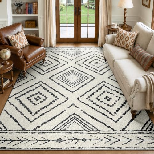 DEFYNEE Matta vardagsrum 150 x 210 cm vardagsrumsmatta, kort lugg (lugghöjd ca 5,88 mm), halkfri, vintage och boho-matta för barnrum, sovrum, kontor, svart-vit
