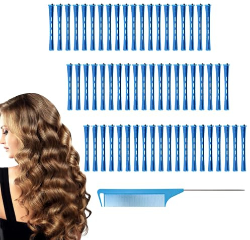 DBOO 60 pcs Small Perm Rods (0.35 Inch) with Tail Comb | Non-Slip Plastic Hair Curlers Rollers for Long & Short Hair | No Heat, Travel-Friendly Perm Kit for Home/Salon Use (Blue)