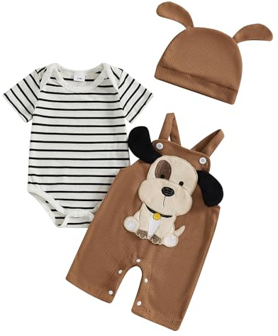 XIXIMAON Infant Baby Boy Outfits Short Sleeve Striped Romper Cartoon Dog Suspender Pants Dog Ears Hat Set 3pcs Cute Toddler Spring Summer Clothes Set