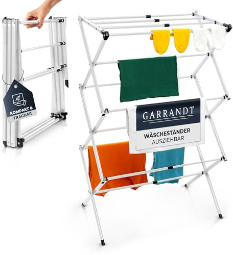 Garrandt Stendibiancheria pieghevole, robusto stendibiancheria salvaspazio, 6 livelli con 11 aste, stendibiancheria pieghevole ed estensibile, a torre, piccolo, balcone in nero (bianco Miami)