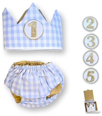 Surikatokids Corona Cumpleaños 1 año - Conjunto Smash Cake - Regalo Bebé - Ideas Regalo Original 1 año - Vichy 100% Algodón - Hecha en España (Azul)