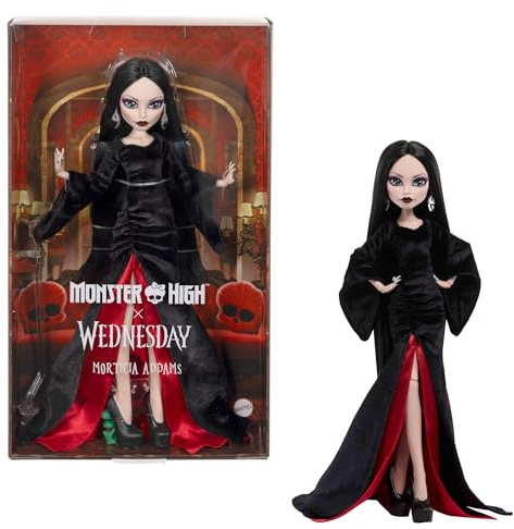 Monster High x Wednesday Doll, Morticia Addams Collectible in Black and Crimson Velvet Dress with Jewelry, Show-Inspired Heels and Doll Stand
