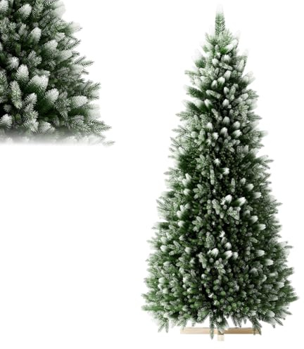 LILIIN Albero di Natale artificiale di alta qualità, 180 cm, con rivestimento in neve artificiale su punte, verde PVC + PE, albero di Natale con sistema pieghevole, supporto in legno, senza luci
