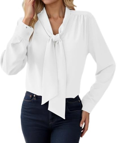 Generisch Blusa elegante de satén para mujer, con botones, cuello de pico, blusas informales, túnicas, camisas con lazo, blusa de manga larga para negocios, manga larga, con nudos, blusas, O blanco