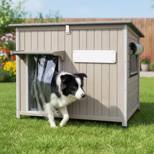 Dog House Indoor Outdoor, Weatherproof Wooden Dog House for Medium/Large Dogs, Chew-Proof Frame, Vent Window & Elevated Floor, Openable Roof, Easy to Assemble & Clean, Gray 43.3 L×29.5 W×33.5 H