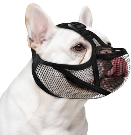 ILEPARK Museruola per Bulldog Francese, museruola Morbida Regolabile per Cani dal Muso Corto con Fori per Gli Occhi per Bulldog Francese, Anti-morso e Anti-masticazione (M,Nero)
