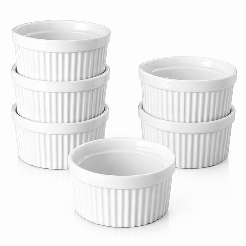 Set di 6 Stampi per Soufflè 240ml 8oz Pirottini per Creme Brulee Mini Ciotole in Ceramica,Resistenti al Forno,Cocotte in Porcellana per crème brûlée,soufflé e dessert,Bianco(Senza coperchio)