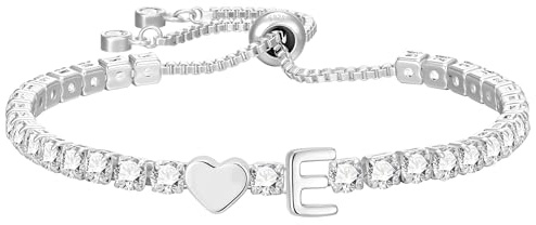 Halora Silver Bracelet for Women, Sterling Silver Initial Tennis Bracelets Heart Charm Bracelet Valentine's Day Birthday Jewellery Gifts for Girls Friends Daughter Sisters Mum, Letter E