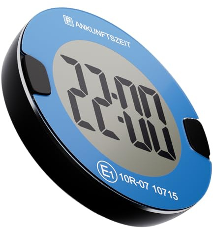 OOONO P-DISC NO4 – Tarjeta de estacionamiento electrónica en diseño compacto con ajuste automático de tiempo, pantalla de alto contraste y hasta 3 años de duración de la batería (Azul)