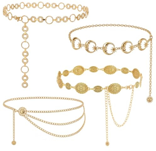 4 Pièces Ceinture à Chaîne Tendance pour Femme, Ceinture de Chaîne Réglable | Chaîne de Taille Métallique, Chaîne de Taille Bohème pour Robe, Jupe et Jean, pour Tenue de Concert de Campagne