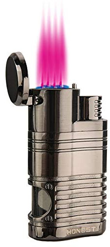 PROMISE Sturmfeuerzeug, Butan-Nachfüllgasfeuerzeug, Windproof Quadruple 4 Jet-Flammen, mit Zigarrenpunsch (schwarzes Nickel D)