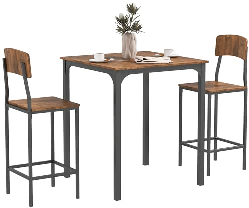 HOMCOM 3 Piece Industrial Counter Height Dining Table Set, Bar Table & Chairs with Steel Legs & Footrests, Black