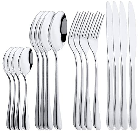 OBR KING Set posate da 16 pezzi, include coltello, cucchiaio, cucchiaini da caffè e forchette acciaio inox, servizio 4 persone (argento)