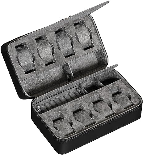 Reiseetui für 8 Uhren, Sonnenbrillen, Ringe und Manschettenknöpfe, robuster tragbarer Schutz mit Reißverschluss, passend für die meisten Armbanduhren und Smartwatches bis 50 mm (Schwarz/Grau)