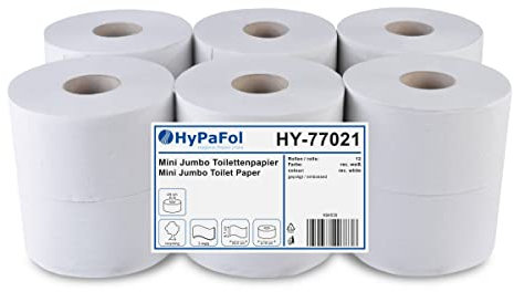 Hypafol Jumbo Rolle Toilettenpapier, 2-lagig, 12 Rollen à 850 Blatt, Ø 19 cm, Recycling, geprägt, Stark, schnell auflöslich & stabil, Weiß