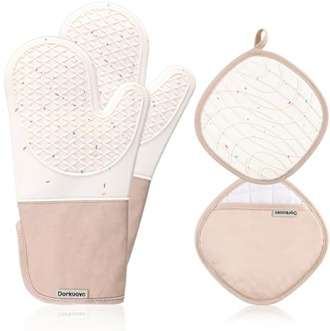 Dorkuova Oven Glove Cute,Cooking Mittens,Oven Mittens for Kitchen,Oven Gloves for Kitchen,Washable Silicone Oven Mitts Heat Resistant 500°F, Potholders for Kitchens Cooking Baking(Cream