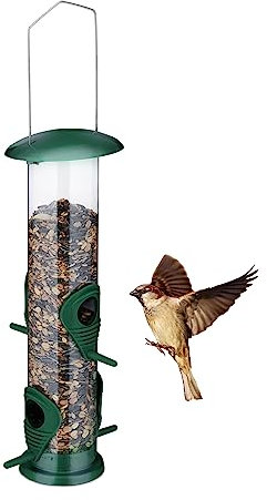 Relaxdays Vogelfutterspender zum Aufhängen, Futtersäule Vögel, 4 Entnahmestellen, Eisen, Futterspender Wildvögel, grün, 1 Stück