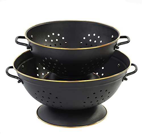 Set di Scolapasta in Metallo - 3,5 e 5 Litri, Colapasta con Manico, Rivestimento in Polvere per Uso Alimentare, Lavabile in Lavastoviglie, Colino da Cucina per Pasta, Frutta e Verdura (Nero Opaco)