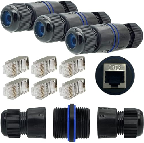 RJ45 Koppling, CTRICALVER 3 st utomhus Ethernet-kontakter hona till hona + 6 st kristallhuvuden, med skärmad nätverksförlängare för CAT.6E/CAT.6/CAT.5E/CAT.5