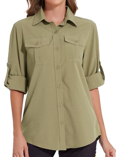 Tuopuda Camicia Donna Estiva UPF 50+ Camicetta Protezione Solare Maglietta a Manica Lunga Safari Blusa con Bottone Traspirante per Pesca Escursionismo Mare Spiaggia Piscina, Verde, M