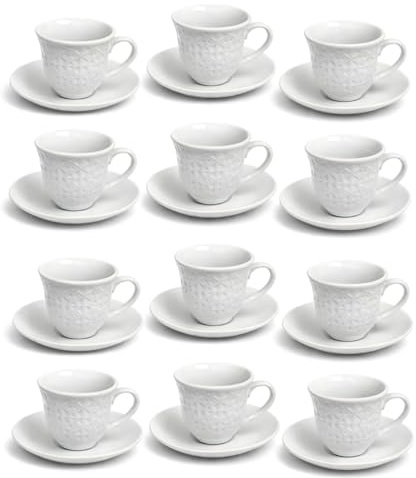 PALUPLUS Set 12 Tazzine Caffè con Piattino in Porcellana da 80 ml, Tazze da Espresso Bianche con decoro e manico, Lavabili in Lavastoviglie, adatte per Microonde -670F