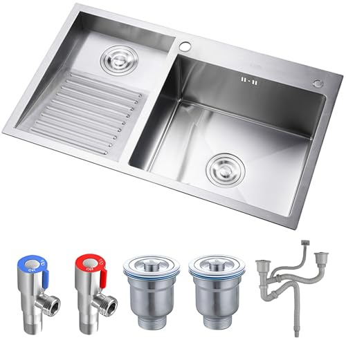 Silver tvättställ med dräneringssatser, rostfritt stål tvättställ för tvättstuga, 22cm djup dubbel skål tvättställ badkar tvättställ med integrerad tvättställ(Silver-B,80x48x21.6cm)