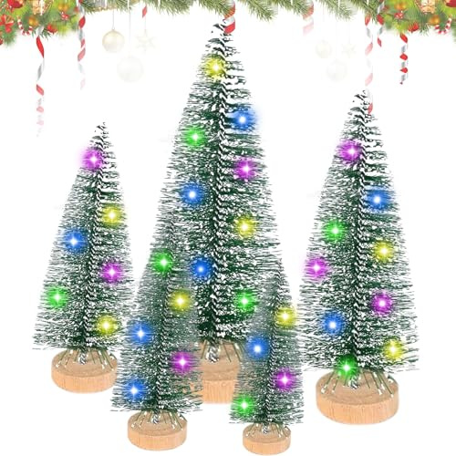 5 pezzi di Mini albero di Natale artificiale, Albero di Natale artificiale, Albero di Natale a LED, Alberi di Natale artificiali piccoli con base in legno e catena luminosa, Mini decorazione natalizia
