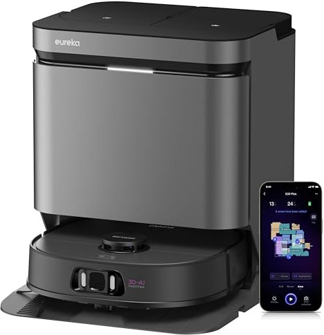 EUREKA J15 Pro Ultra Robot Aspirapolvere Lavapavimenti, Aspirapolvere Robot Potente Aspirazione 16200Pa, Lavaggio Mocio ad Acqua Calda a 75℃, Mappatura con AI, Stazione Autopulizia/autopulente, Nero