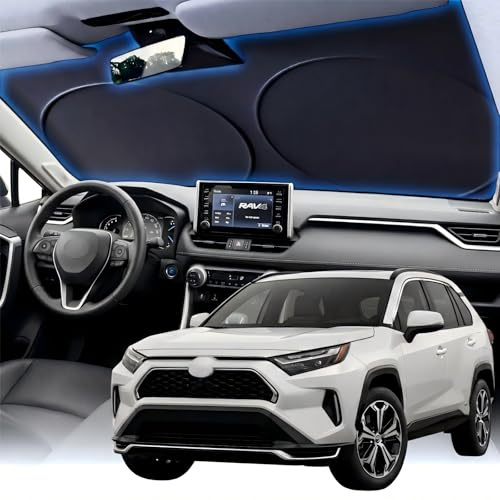 PEMOTech 2026 Upgraded Windshield Sun Shade Cover for Privacy | Overlapping Leather Protection Car Window Shades | Sunburn Blocker & Rear View Mirror Compatible | 64''x32'' for Toyota/Chevy/Honda