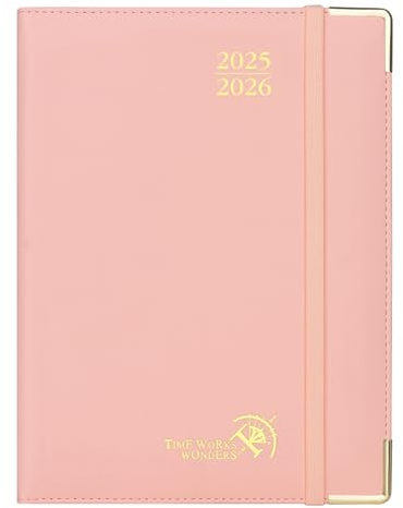 POPRUN Agenda 2025 2026 Veckokalender 22 x 16,5 cm, Aug'25 - Dec'26, Premium Skolkalender 17 Månader, PU Läderomslag, Månadflikar, Papper 100 gsm, Mjuk rosa