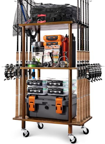 Ghosthorn Fishing Rod Holders for Garage Fishing Pole Rack Hold up to 10 Rods Fishing Pole Holders Wooden Organizer Fishing Rod Rack car Fishing Gear Storage Equipment (Carbonization，3 Tier)