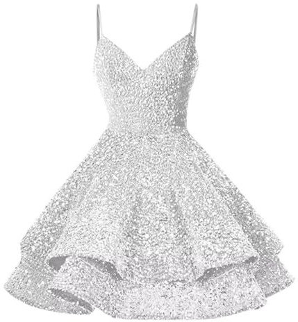 Womens Sequin Party Dress Glitter Spaghetti Strap A-Line Ruffle Swing Mini Dress Sparkly Cocktail Party Evening Dress White