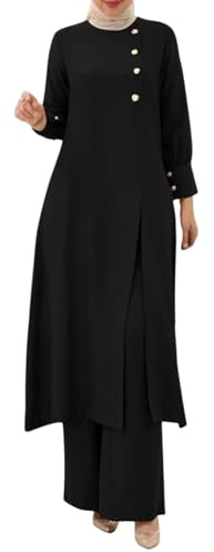 Women Muslim Suit Two-Piece Full Sleeve Top Wide Leg Pants Set Abaya Loose Fit Button Down Shirt Dress Dubai Outfit Turkey Islamic Prayer Set Islamic Robe Abaya Traditional Clothes