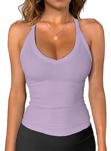 OYIGELZ Débardeur pour femme, col en V, dos nageur, style activewear, côtelé, cintré, basique, Violet clair, S