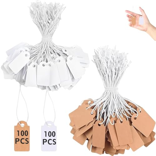 Thapncow 200 PCS Étiquettes de Prix en, Tags d'Affichage Inscriptible avec Ficelle， Étiquettes de Prix en Papier Vierges Inscriptibles，pour Bijoux Vêtements Cadeau