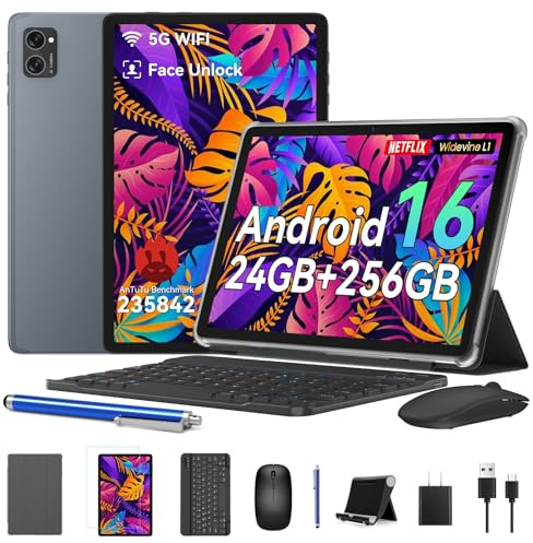2026 Tablet Android 16, 10 Inch Tablet with Keyboard Mouse Stylus, 24GB+256GB/2TB TF, Widevine L1/Octa-Core/8MP AI Camera/1080P/5G WiFi/OTG/GPS/Bluetooth 5.0/Face Unlock/Gaming/4 Years Warranty