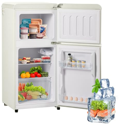 Emmtore Nevera retro. 88,8 x 45,5 cm, doble puerta, 60 litros, volumen de congelación 22 litros. 102 kWh/año, -27 °C ∽ 13 °C, lámpara LED. Energía Amarilla Avanzada Clase E Blanco lechoso