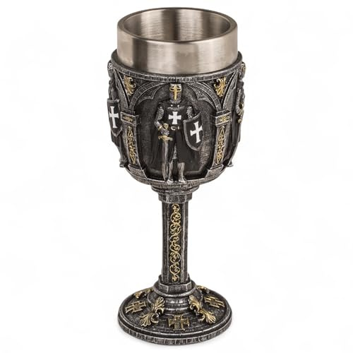 MIJOMA Ritter-Binks - Rampe de chevalier avec insert en acier inoxydable - Reliefs médiévaux détaillés en polyrésine - Décoration et collection (Templier de la justice, calice : environ 19 × 7 cm)