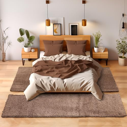 Tappeto stile Shaggy a pelo lungo, set da 3 pezzi - Scendiletto, per camera da letto, Polipropilene, moka, 2x60x110+1x80x150