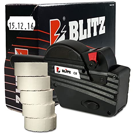 Preisauszeichner Set Blitz C8 inkl. 5 Rollen 26x12 Preisetiketten - weiss permanent | MHD Datumsauszeichner | HUTNER