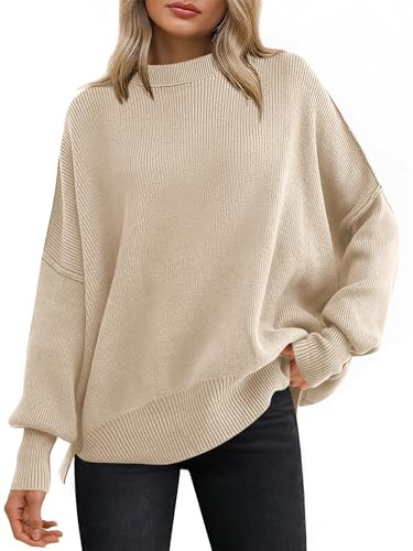 ANRABESS Women Oversized Sweaters Batwing Long Sleeve 2025 Fall Outfits Crewneck Casual Knit Side Slit Fashion Pullover Top Apricot Medium