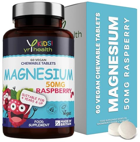 Kids Magnesium Tablets for Sleep, Anxiety and Ticks, 50mg Chewable Raspberry Flavour Magnesium for Kids, Vegan Society Registered Tablets not Gummies, 2 Months Supply - Made in The UK by YrHealth