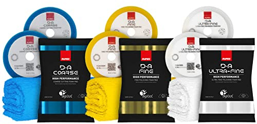 Polierpad Set: Rupes Bigfoot Polierschwamm für 75mm Stützteller - D-A Coarse + Fine + Ultrafine Ø80-100mm blau/gelb/weiß (6 STK.) + ChemicalWorkz Premium Poliertuch 500GSM | 9-teilig