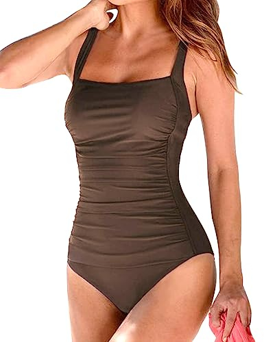 Husmeu Swimming Costume Women's Vintage Padded Push Up Coffee XL